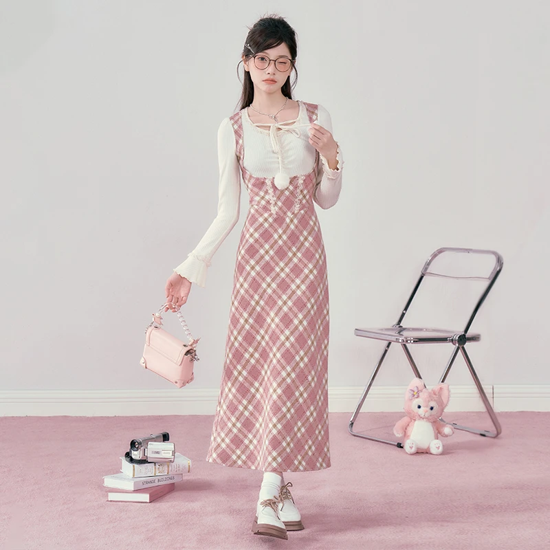 绒球甜心 织物猪原创 早秋法式甜美收腰显瘦学院风假两件连衣裙