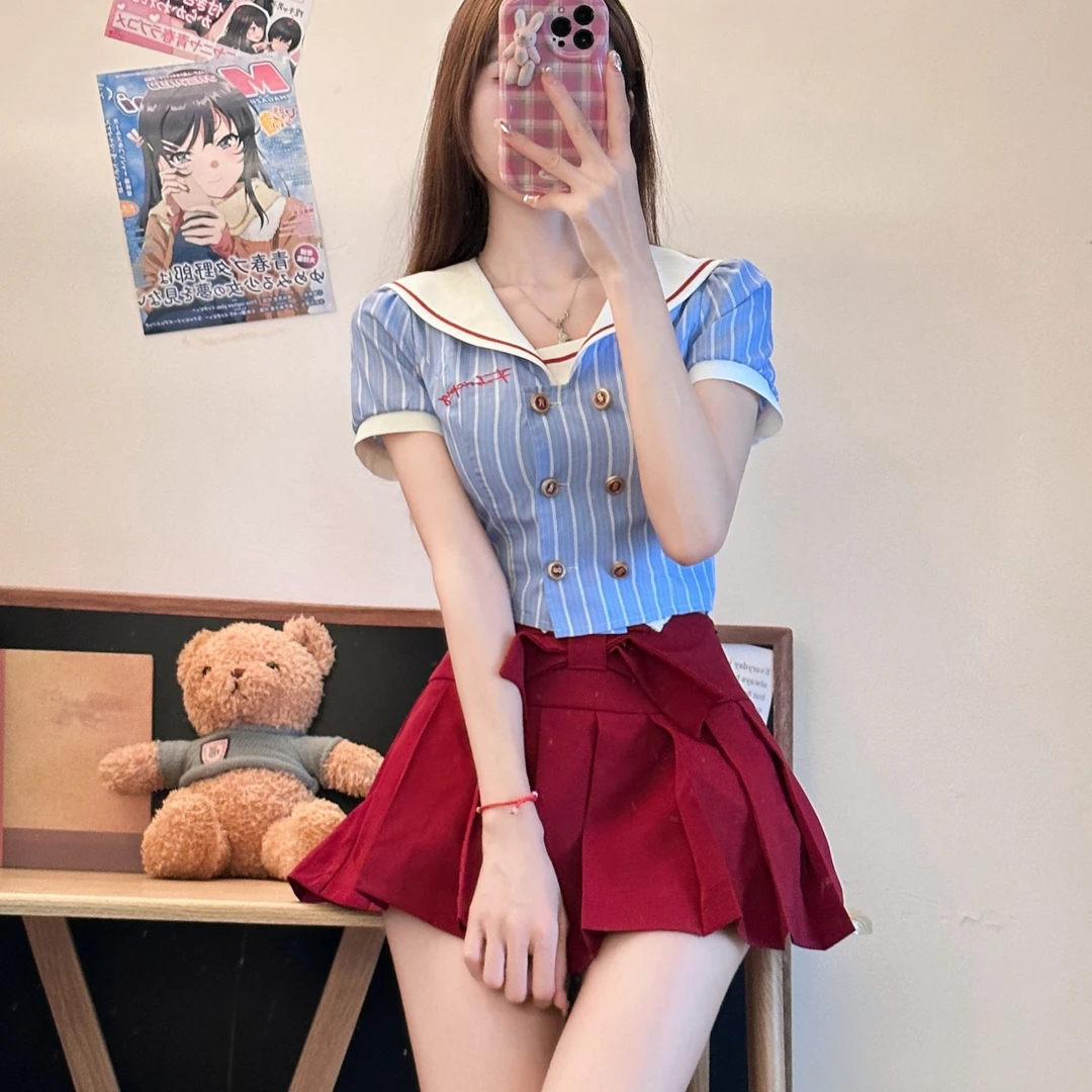 元气少女 织物猪原创 红蓝色动漫感美式复古学院风收腰显瘦JK制服