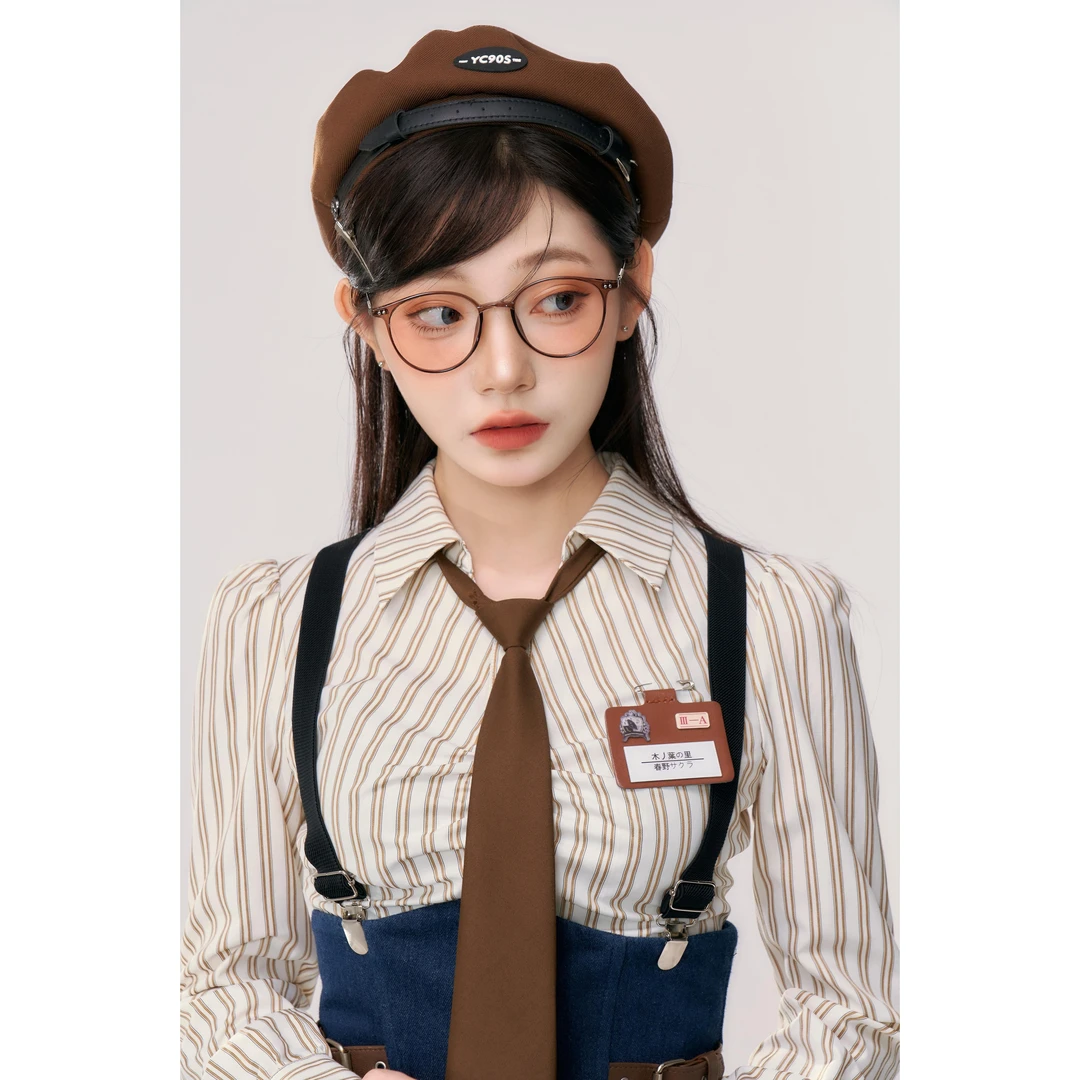 森林松鼠长短袖单拍 织物猪原创 学院风气质条纹衬衫收腰显瘦