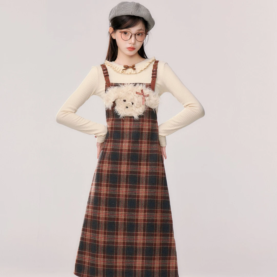 榛果轻语 织物猪原创 美式复古学院风美拉德系棕格背带长裙