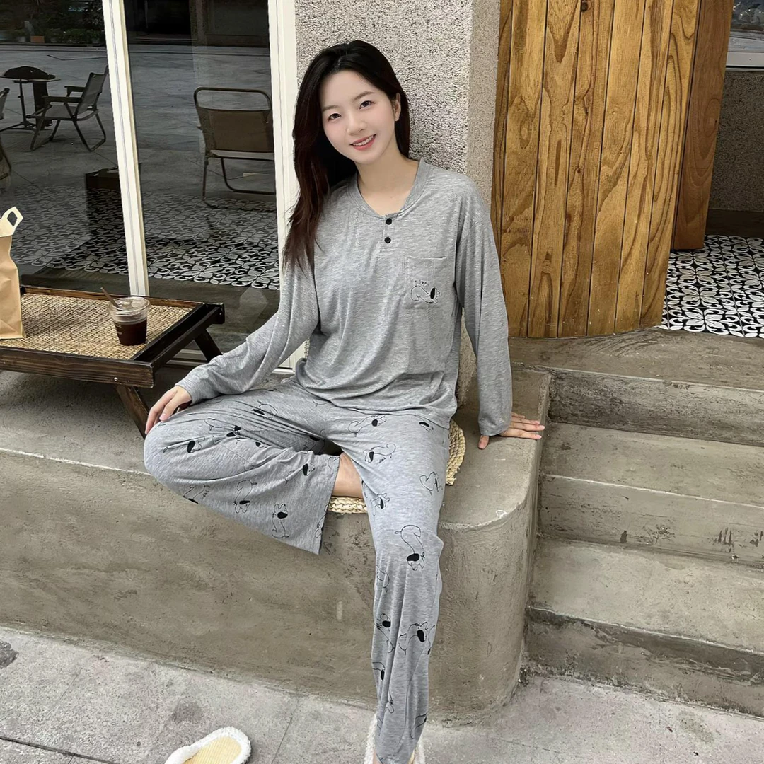 带胸垫灰色2024新款ins风睡衣秋季女士可外穿家居服长袖懒人套装