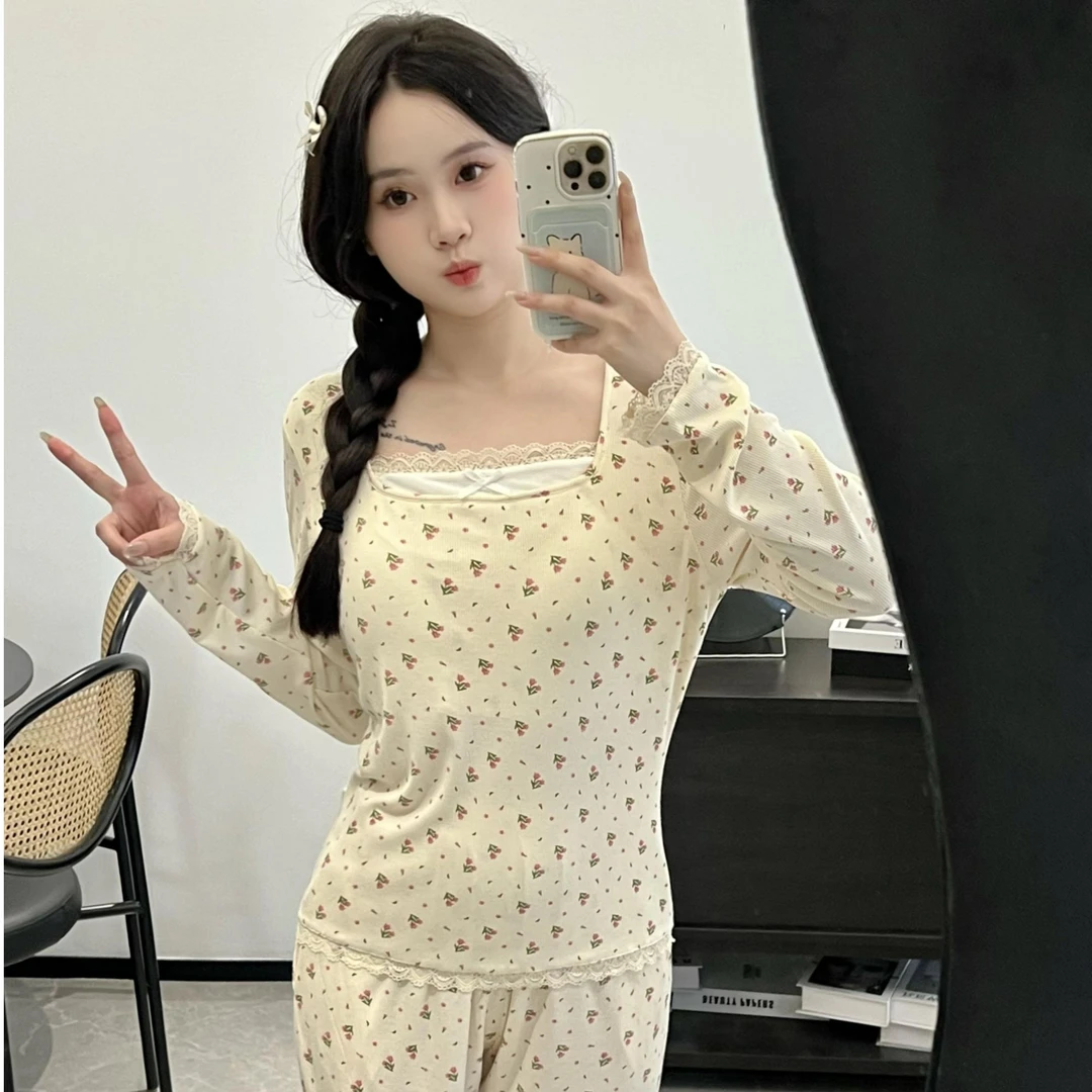 小碎花ins风长袖睡衣秋季带胸垫家居服套装