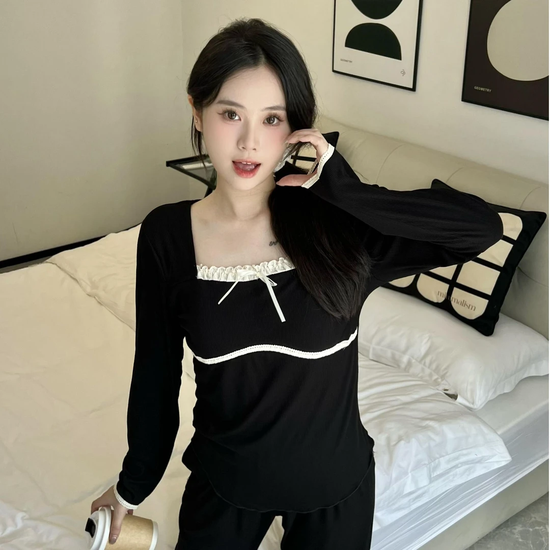 纯欲风ins风长袖睡衣秋季带胸垫家居服套装