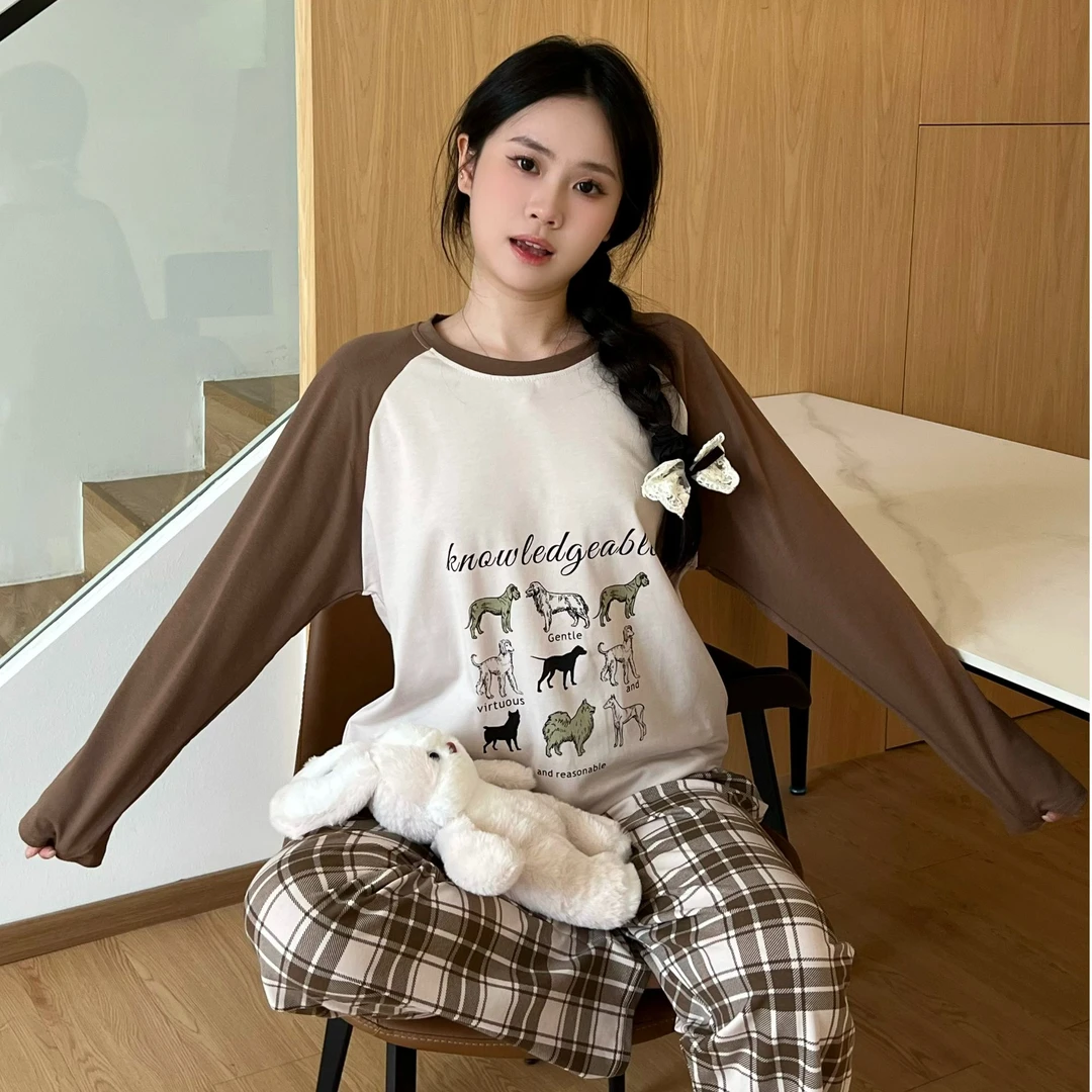 【带胸垫】秋冬品牌睡衣纯棉家居服套装可爱长袖格子长裤