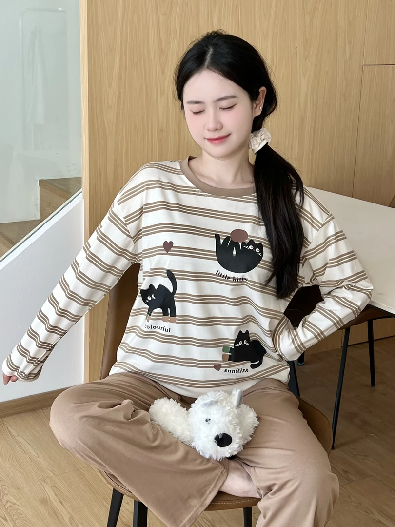 【带胸垫】秋冬品牌睡衣纯棉家居服套装可爱长袖长裤