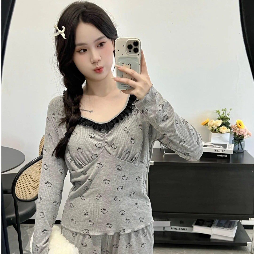 纯欲风ins风长袖猫咪睡衣秋季带胸垫家居服套装