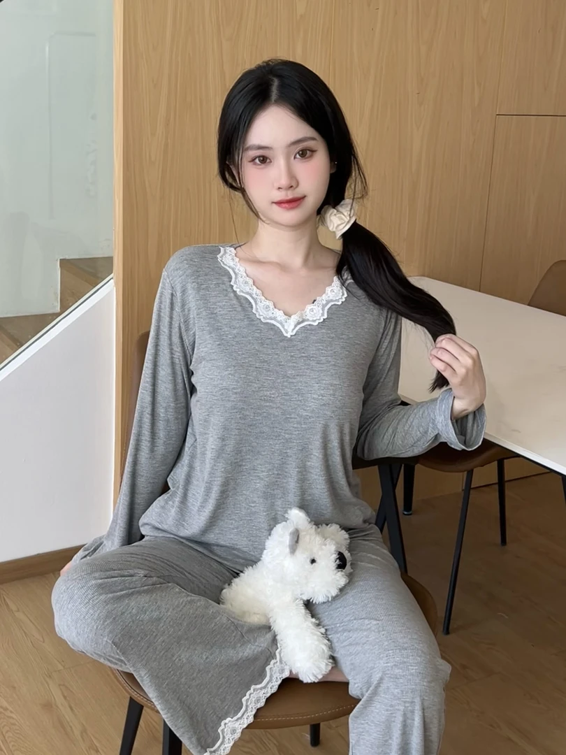 灰色蕾丝ins风长袖睡衣秋季带胸垫家居服套装