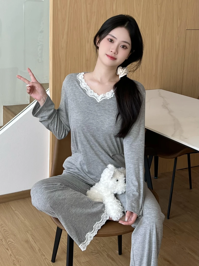 灰色蕾丝ins风长袖睡衣秋季带胸垫家居服套装