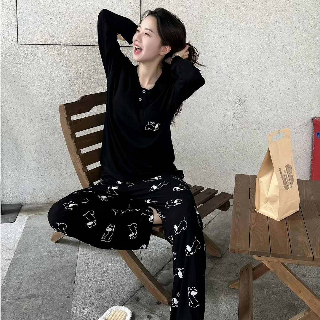 带胸垫2024新款ins风睡衣秋季女士可外穿家居服黑色长袖懒人套装