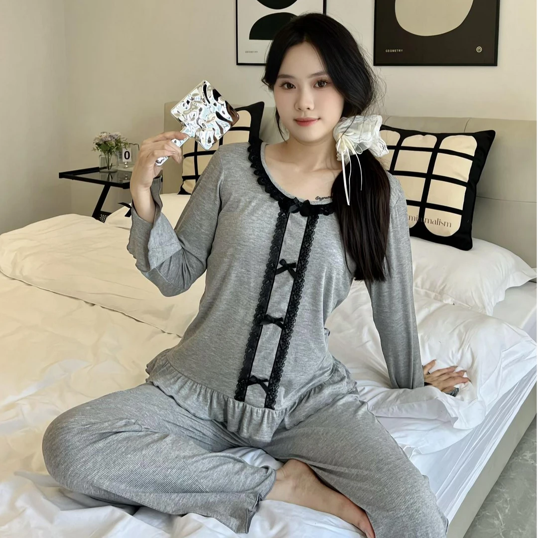 蝴蝶结ins风甜美长袖长裤睡衣秋季带胸垫家居服套装