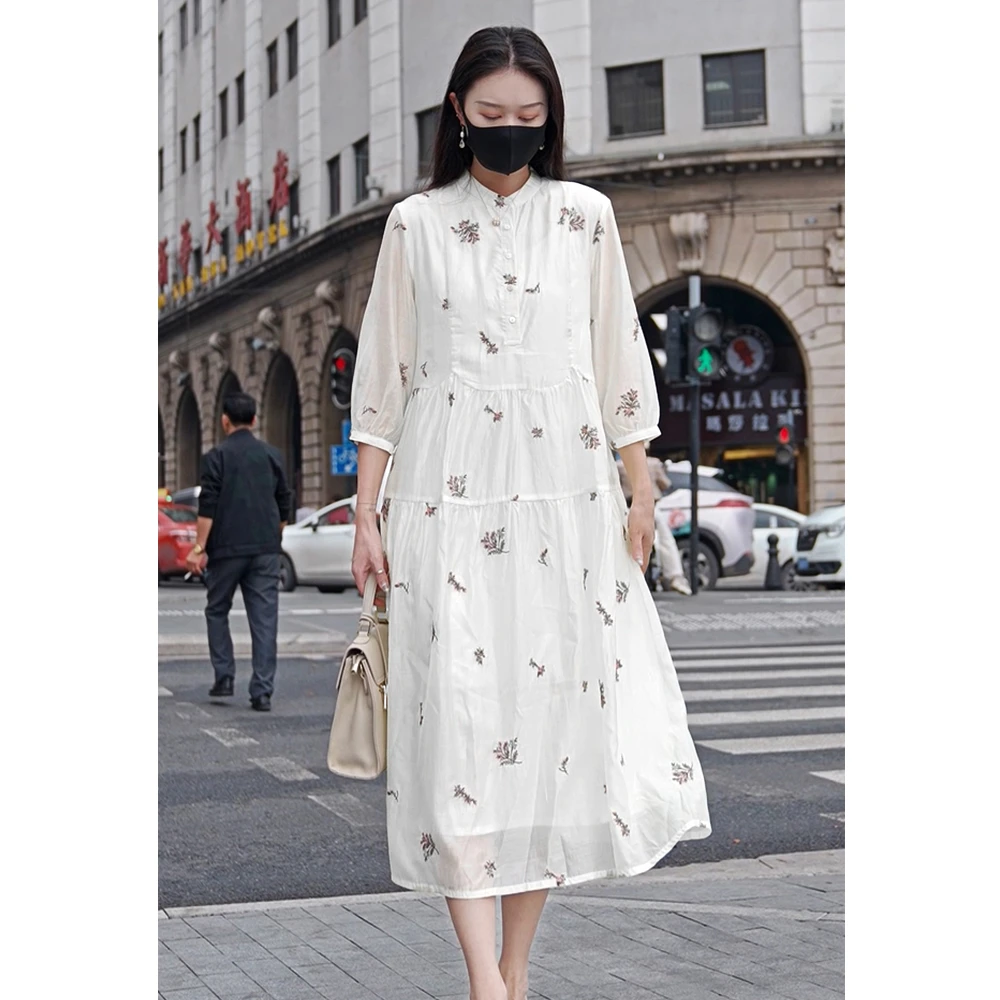 【工笔原创】新中式立领中长款仙气文艺连衣裙-182812