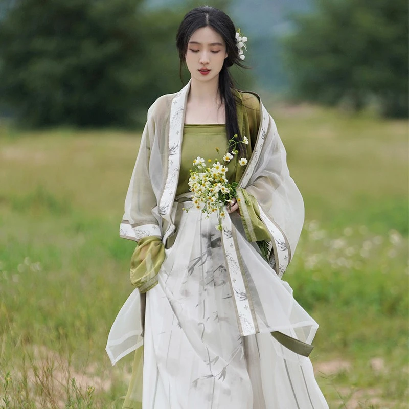 茵卡蕾墨竹原创汉服女中国风宋制四件套绿色齐腰襦裙超仙飘逸夏季