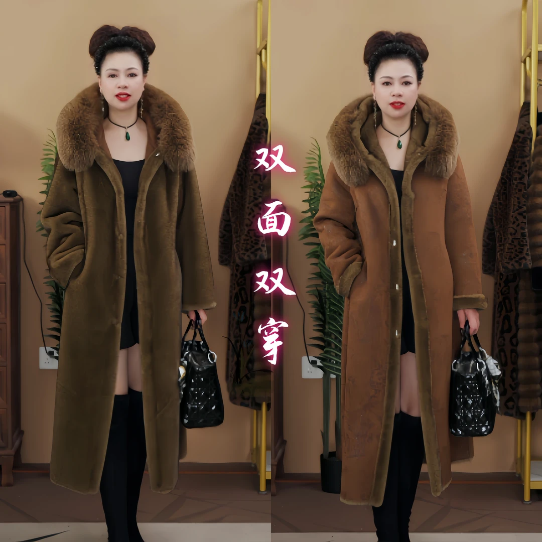 9136倩倩力推冬季高端轻奢显瘦双面穿大毛领中长款连帽皮毛一体