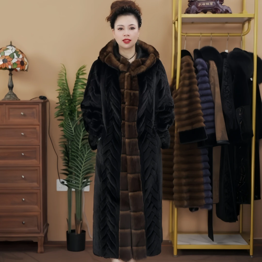 9128冬季时尚气质轻奢带帽百搭压花女士加厚保暖外套显瘦秋冬