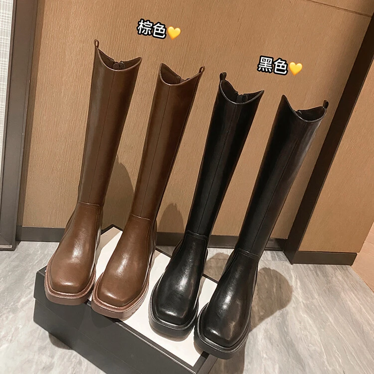 【牛皮】跟6cm 软底时装靴秋冬季粗跟厚底长高筒靴方头小个子