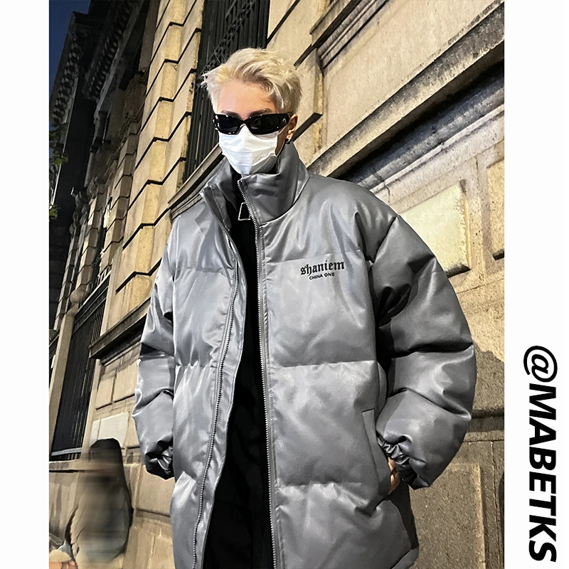 美式高街pu皮立领棉服外套男士冬季加厚面包服潮牌高级感棉袄棉衣