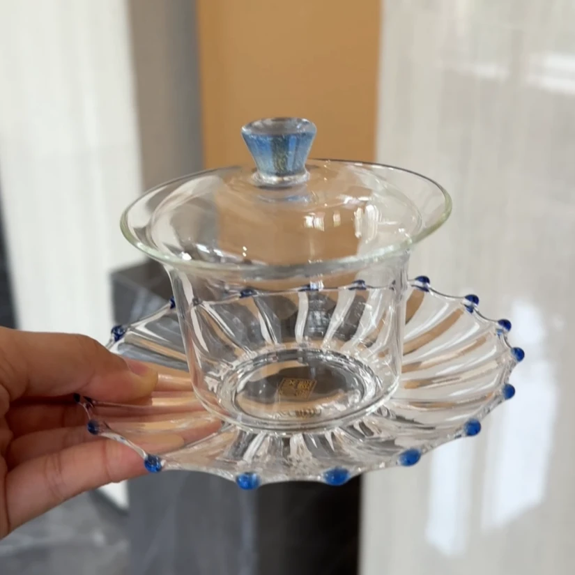 纯手工耐热玻璃盖碗高档功夫茶具花珠三才盖碗单个泡茶碗防烫茶器