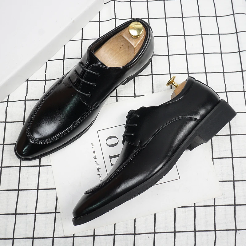 时尚百搭韩版尖头皮鞋男士复古系带黑色潮流商务休闲增高皮鞋婚鞋