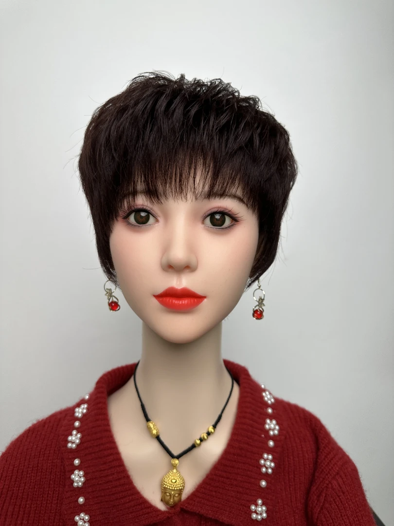 全真发妈妈款轻薄时尚全头套假发女短自然卷发中老年真人发丝头套