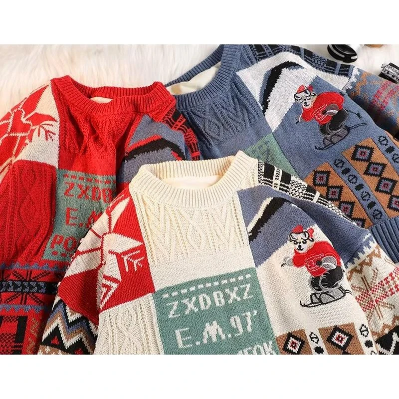 秋冬新款圆领毛衣男针织衫学生宽松潮大码上衣外套设计感小众日系