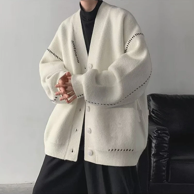 日韩古着慵懒潮流薄款针织衫外套男女insV领简约宽松外穿开衫潮流