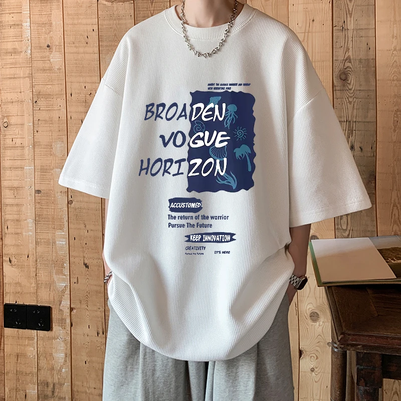 华夫格短袖T恤男款夏季潮牌宽松半袖青少年上衣服男生美式体恤男