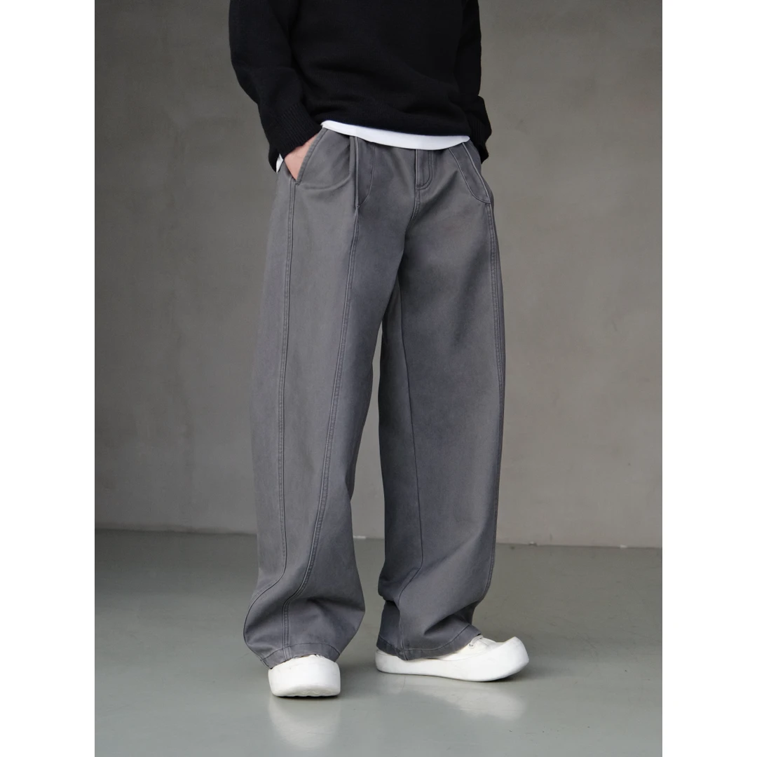 XUMA 冬季440g加绒百棉经典压褶直筒宽松立体裁剪绒感休闲裤