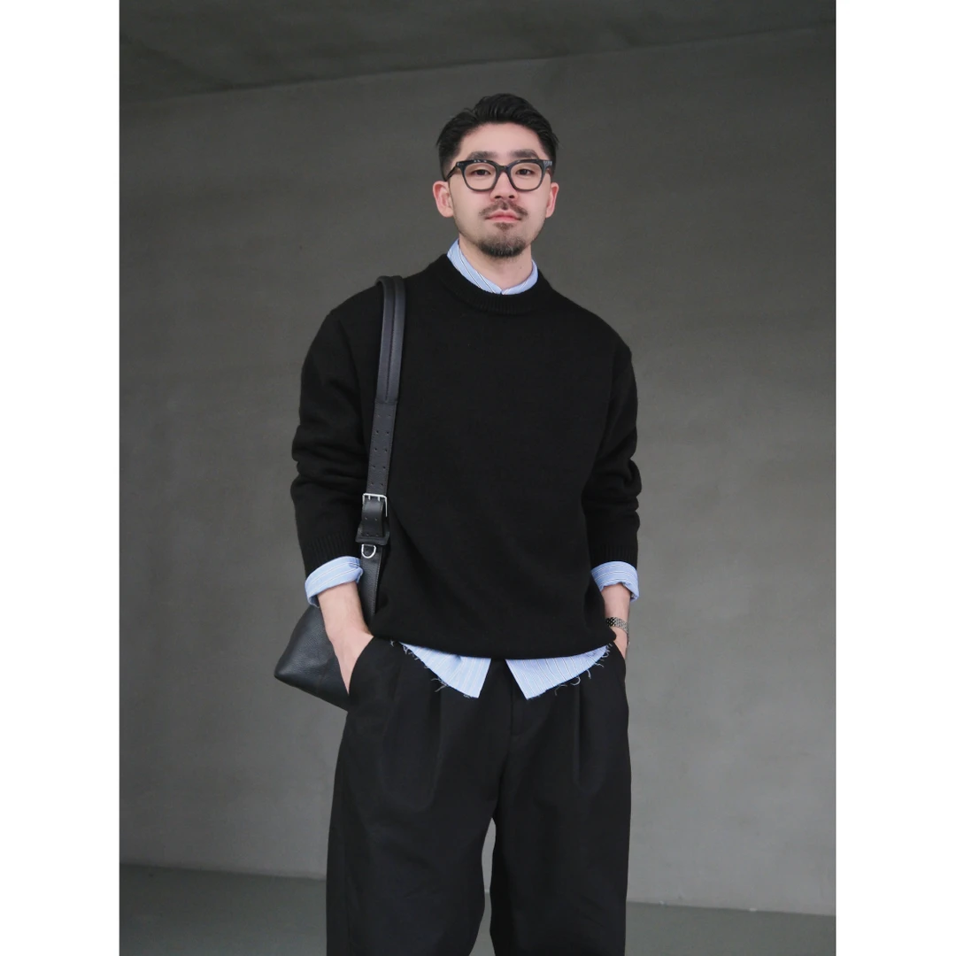 XUMA&DUPU 冬季690g7针平板卷边织法弹力纱线纯色圆领针织毛衣