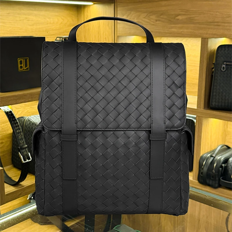BV头层胎牛皮纯手工编织男士双肩背包商务多功能双肩包轻奢百搭
