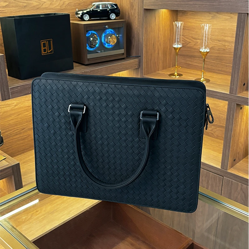 BV头层胎牛皮纯手工编织商务公文包男士手提电脑包大容量文件包