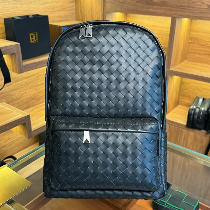 BV头层胎牛皮纯手工编织双肩包大容量背包商务电脑包高级旅行书包