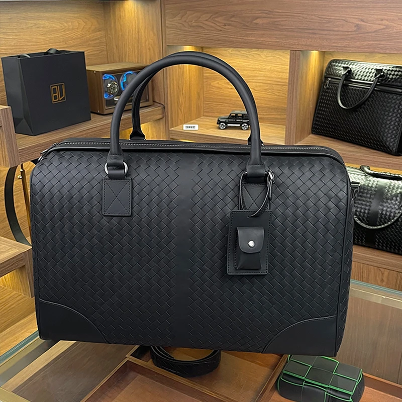 BV头层胎牛皮纯手工编织旅行包手提行李包男士大容量黑色商务休闲