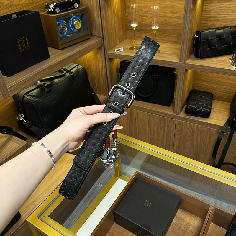 BV牛皮纯手工编织男士黑色腰带轻奢复古商务格纹经典百搭时尚感