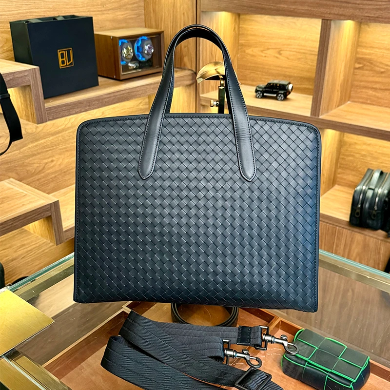 BV头层胎牛皮纯手工编织公文包真皮男包商务休闲单肩斜挎手提包