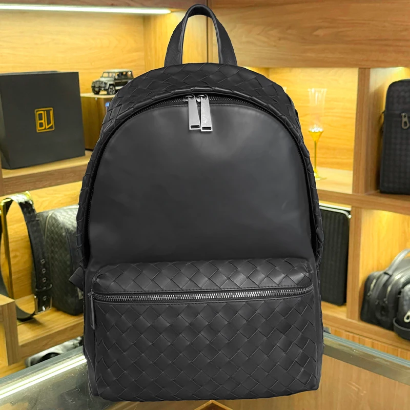 BV头层胎牛皮纯手工编织男士双肩包书包轻奢青年时尚大容量商务