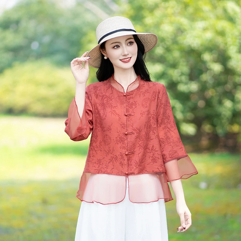 【熊夫人】新中式国风气质减龄上衣女2024夏季新款立领中袖提花小衫