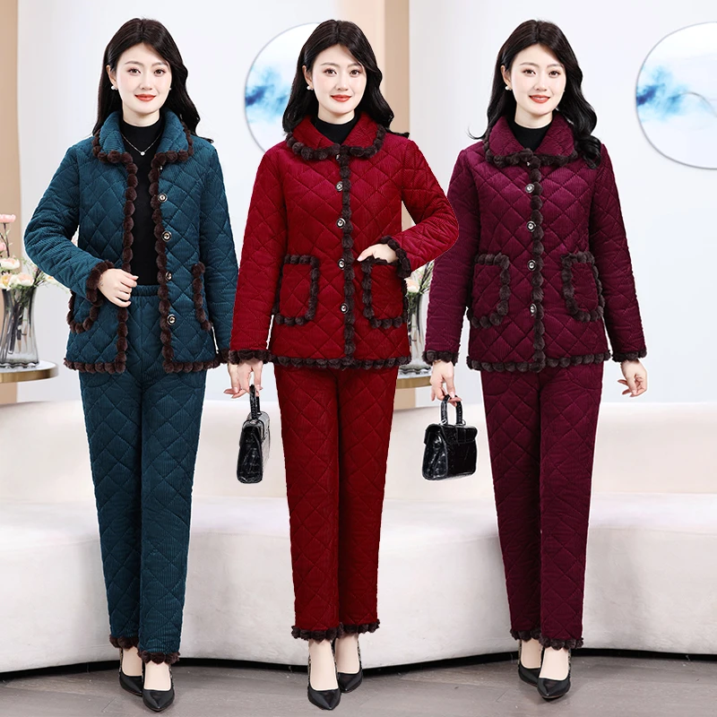 【熊夫人】冬季妈妈装新款加绒加厚棉衣棉裤套装中年女保暖棉袄两件