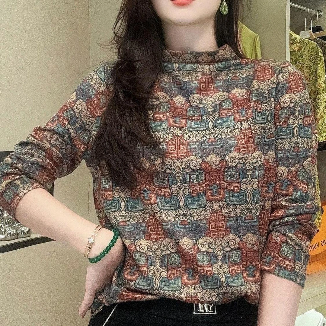 半高领加绒保暖上衣气质妈妈百搭长袖打底衫新款洋气宽松显瘦小衫