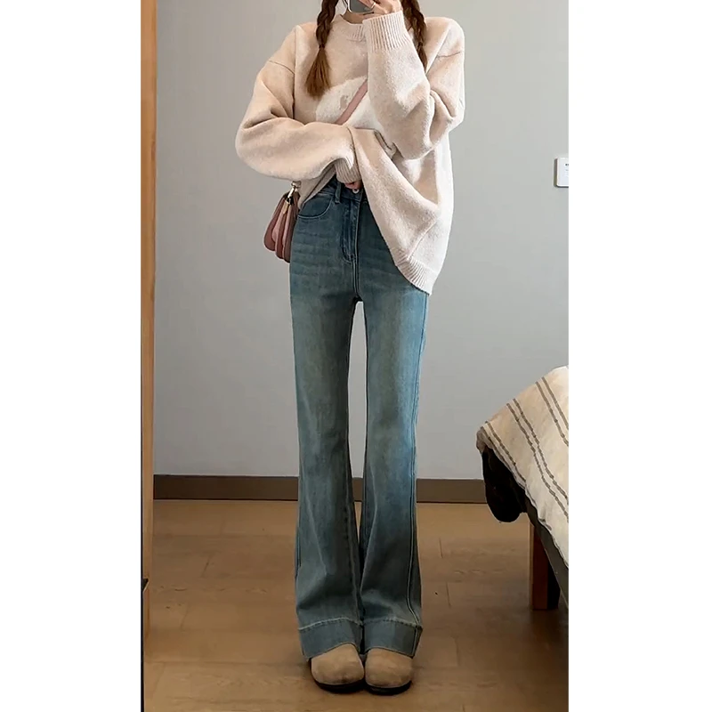 美思源2025春款复古微喇牛仔裤高腰显瘦港风小个子漫画腿喇叭裤