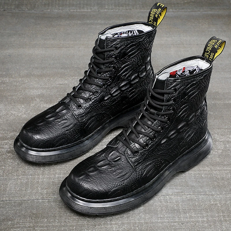 真皮高帮马丁靴男鞋黑色鳄鱼皮靴英伦机车潮牌工装靴英伦风潮流