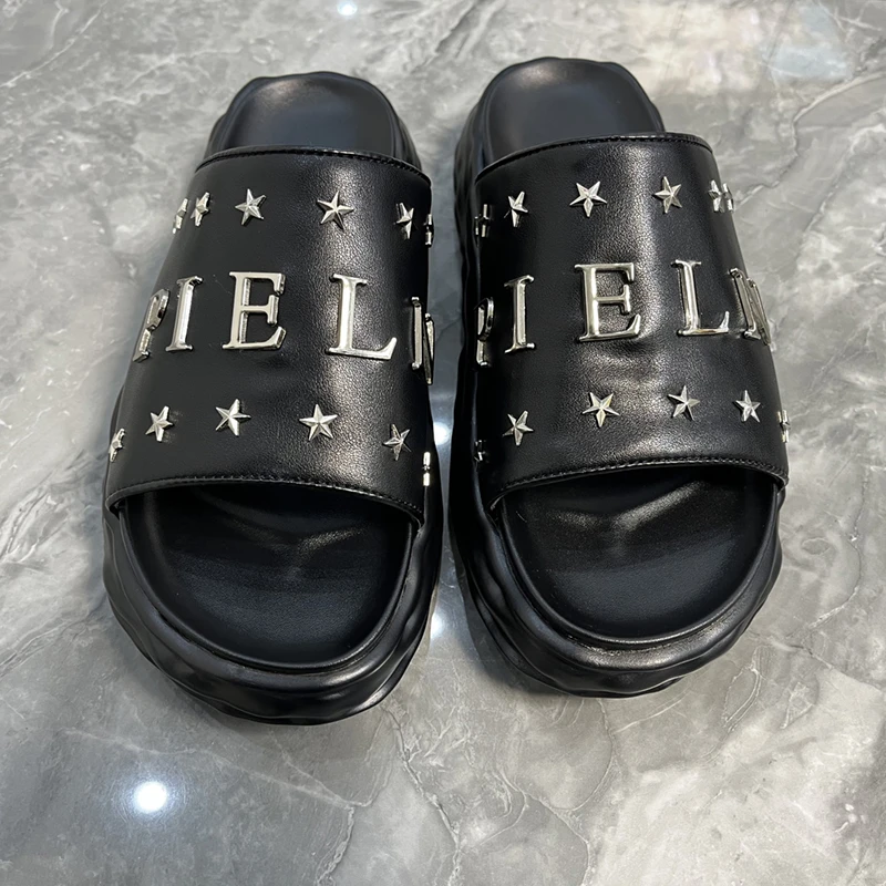 拖鞋男夏季外穿2023新款真皮一字拖鞋户外欧美潮凉拖踩屎感沙滩鞋