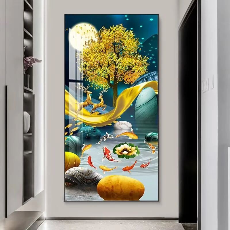 九鱼玄关装饰画简约走廊过道晶瓷画轻奢客厅进门大气挂画立体