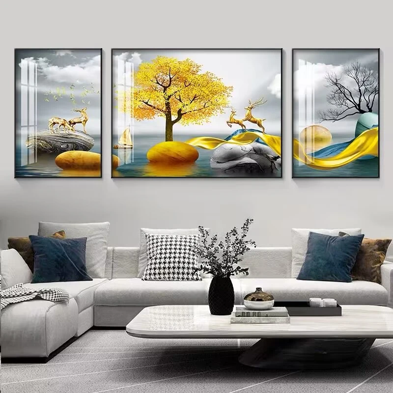 晶瓷镶钻客厅装饰画沙发背景墙三联画现代简约挂画大气晶瓷镶钻画