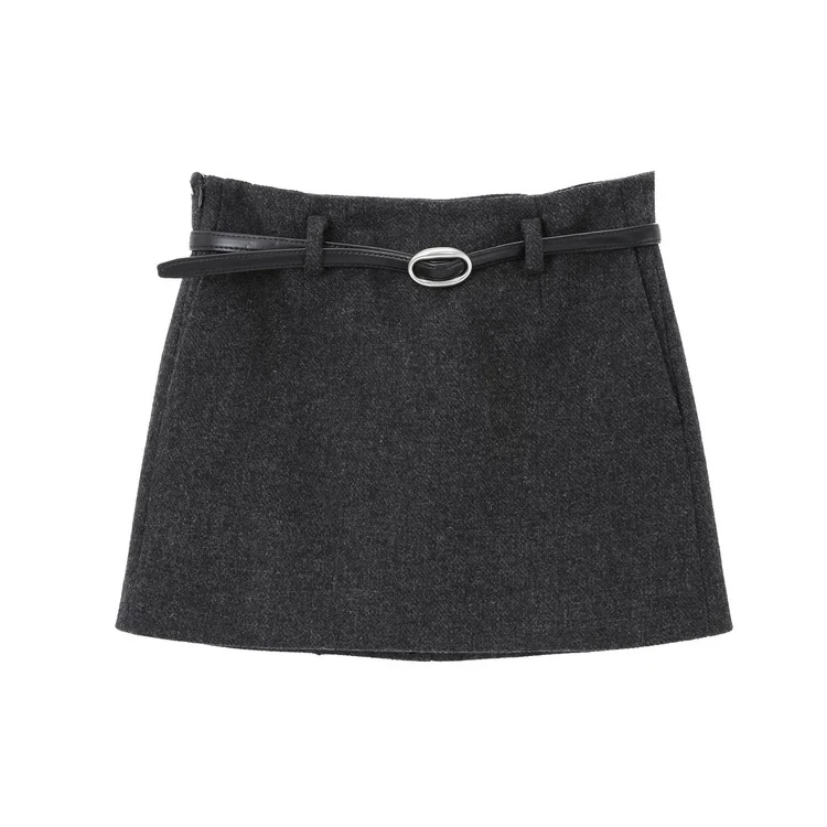 AVVENN冬季中高腰微A混纺短裙配赠腰带