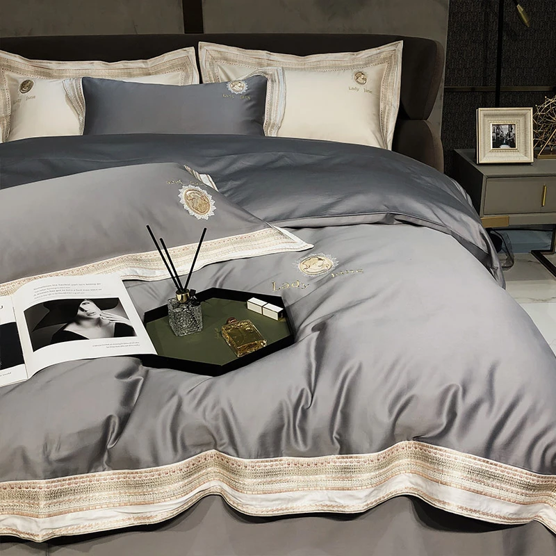 水星高端系列家纺现代风120支长绒棉纯棉四件套轻奢刺绣纯色被套