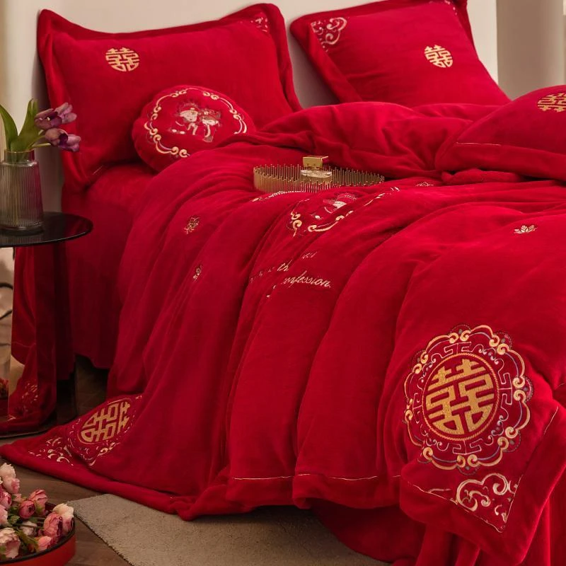 牛奶绒大红法兰绒婴儿绒陪嫁加厚结婚房婚庆四件套珊大红色绒被