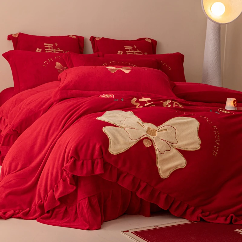 水星高端系列家纺公主风冬季结婚牛奶绒四件套婚庆陪嫁喜被芯加厚