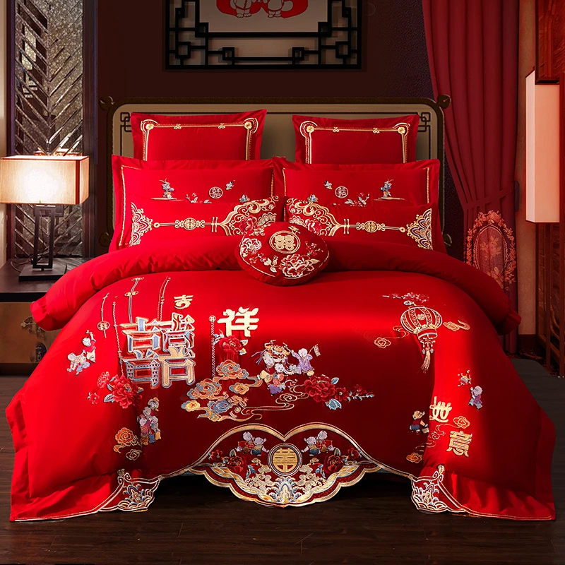 80支结婚四件套全棉纯棉婚庆床上用品大红色被套刺绣婚嫁