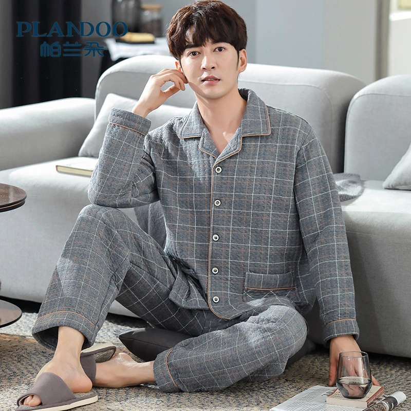 帕兰朵睡衣男款冬季纯棉空气夹层加厚2025新款夹棉秋冬家居服套装