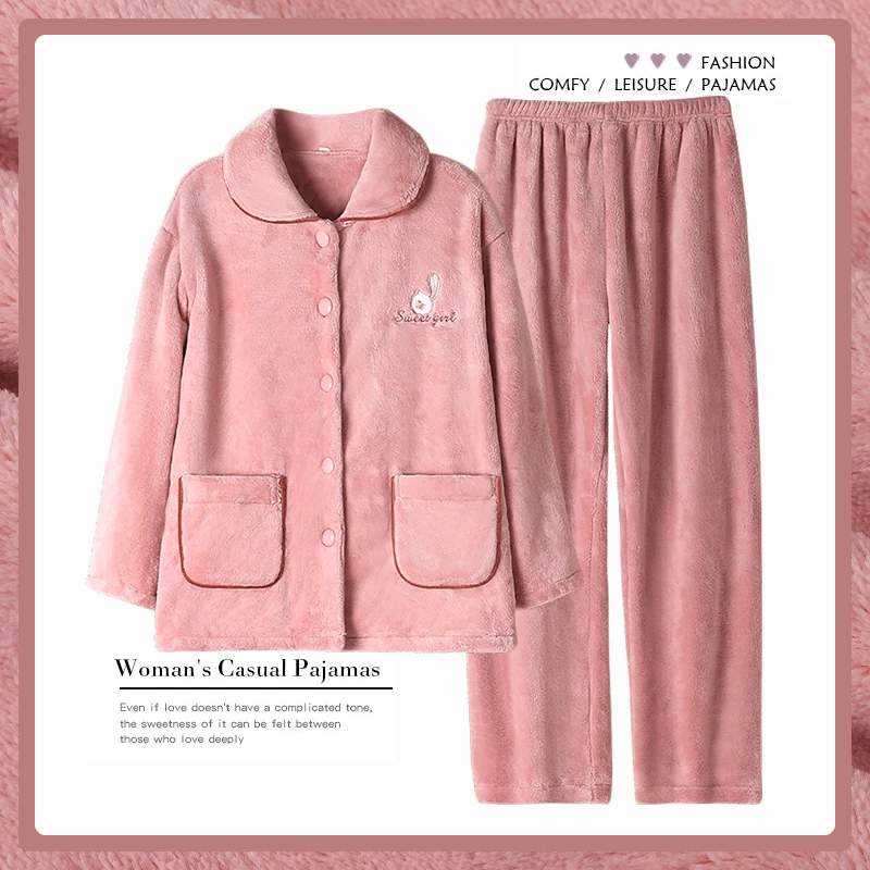 睡衣女秋冬季法兰绒加厚加绒保暖大码冬天珊瑚绒可外穿家居服套装